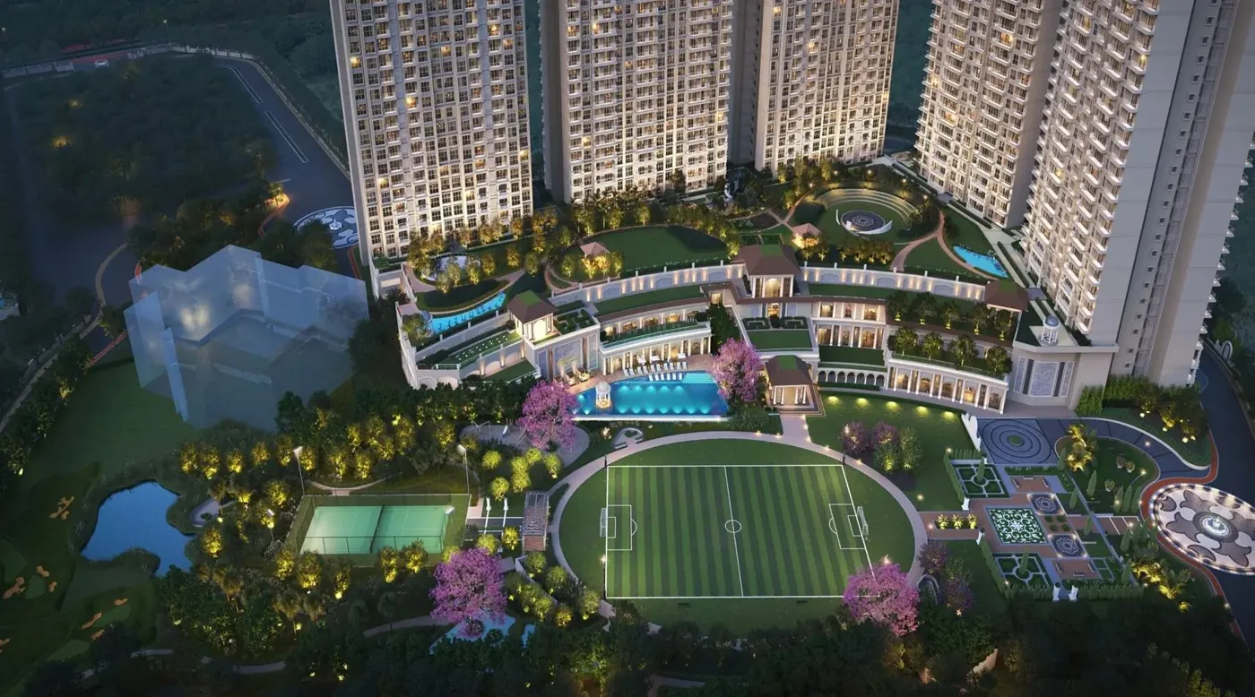 Aerial view of Crestoria Estate towers, clubhouse and sports ground