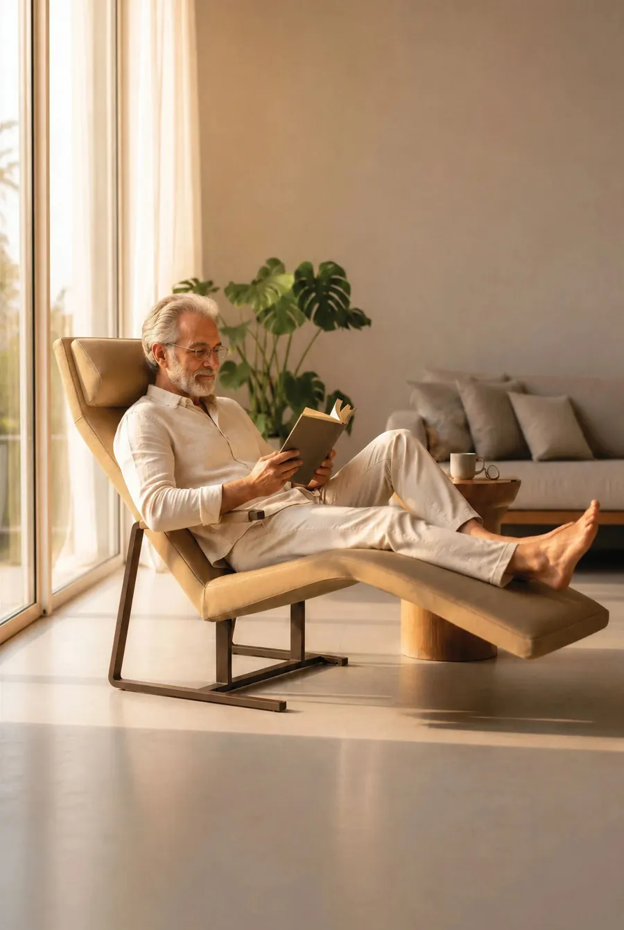 Senior resident reading in a sunlit lounge – golden years