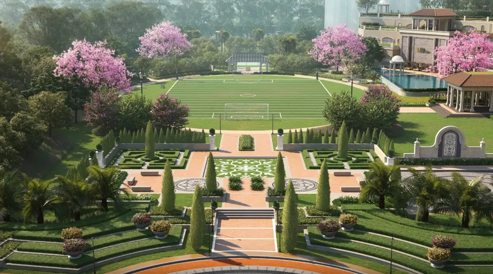 Landscaped open spaces and gardens at Crestoria Estate