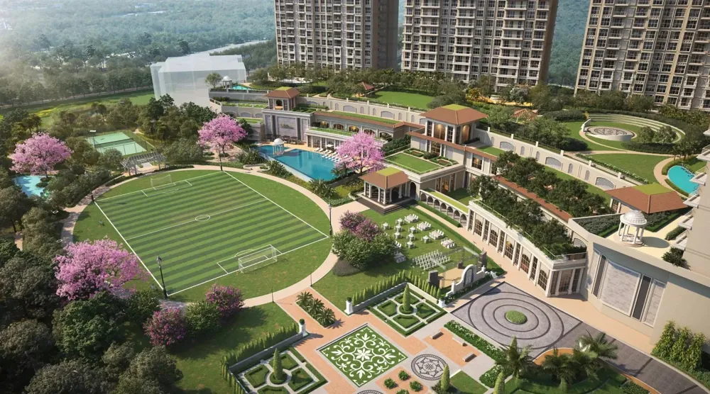 Three-level step-down clubhouse with pool and sports turf