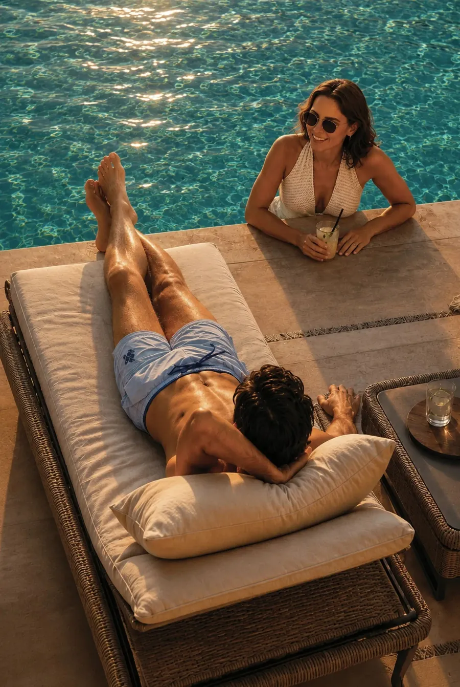 Couple unwinding by the pool – weekend escapes
